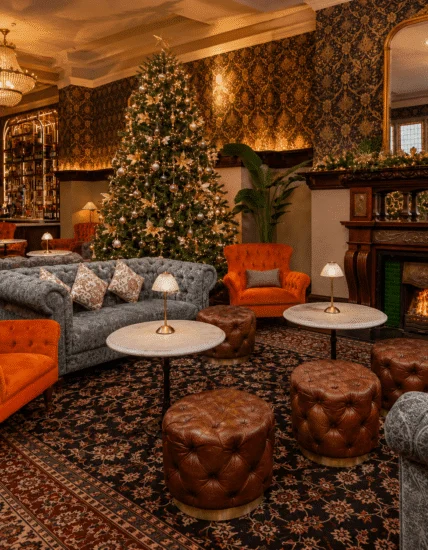 Elegant hotel lounge with Christmas tree, plush sofas, cosy fireplace, and ornate chandeliers for a warm holiday stay.